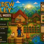 Alt text: "Stardew Valley Best QOL Mods to Install in 2026, featuring a farmer on their farm with UI mockups showing the tractor mod, house and farm customization, time mods, Ad Astra, and quality of life mod categories