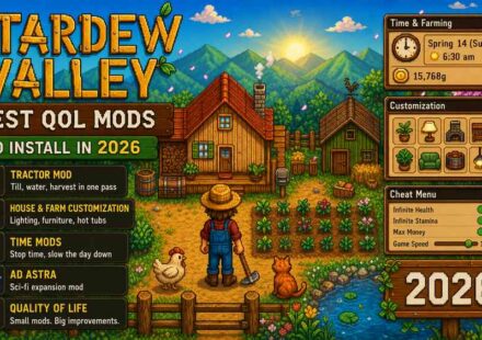 Alt text: "Stardew Valley Best QOL Mods to Install in 2026, featuring a farmer on their farm with UI mockups showing the tractor mod, house and farm customization, time mods, Ad Astra, and quality of life mod categories