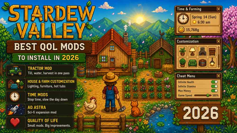 Alt text: "Stardew Valley Best QOL Mods to Install in 2026, featuring a farmer on their farm with UI mockups showing the tractor mod, house and farm customization, time mods, Ad Astra, and quality of life mod categories