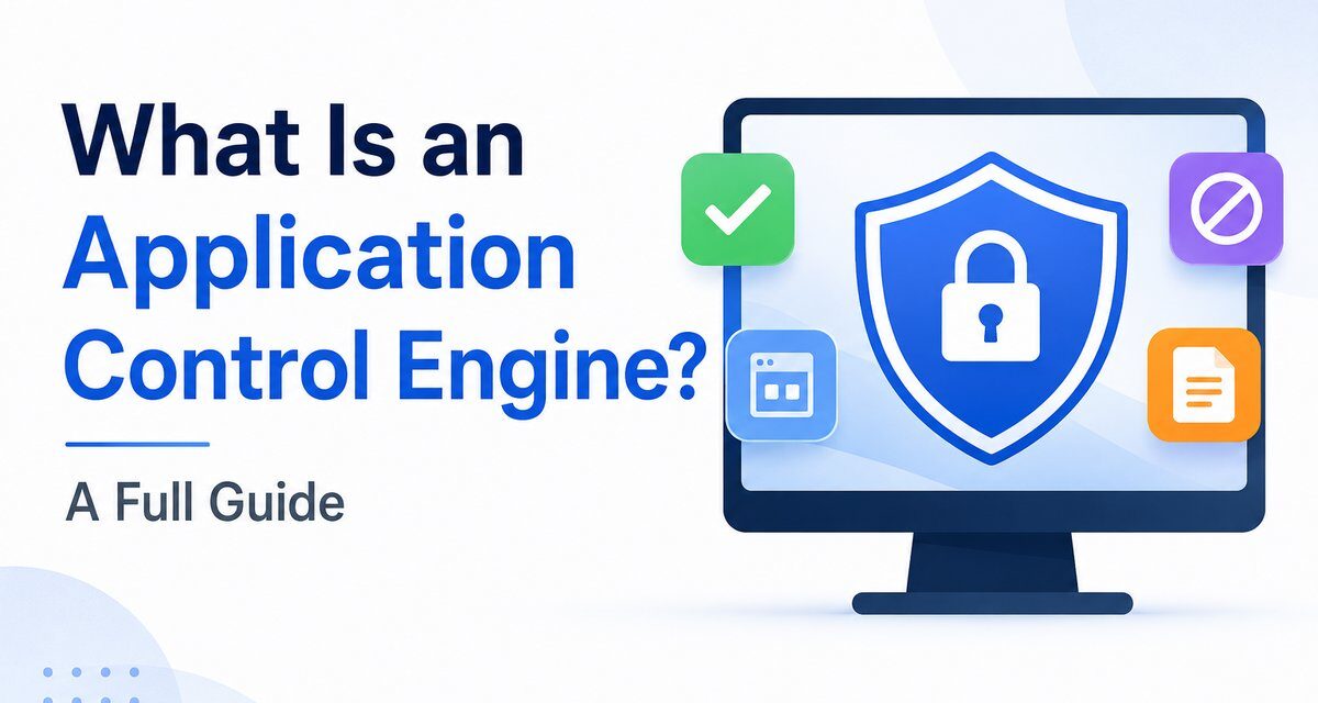 Illustration explaining what an application control engine is, showing a computer monitor with a security shield and lock icon, surrounded by allow, block, and file management icons