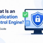 Illustration explaining what an application control engine is, showing a computer monitor with a security shield and lock icon, surrounded by allow, block, and file management icons
