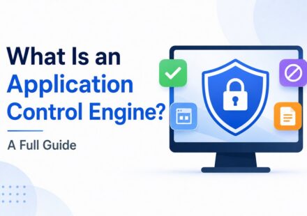 Illustration explaining what an application control engine is, showing a computer monitor with a security shield and lock icon, surrounded by allow, block, and file management icons