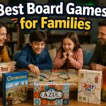 Best Board Games for Families featured image showing a smiling family playing Ticket to Ride at a table, surrounded by boxes for Carcassonne, Azul, Just One, and Catan