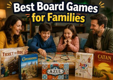 Best Board Games for Families featured image showing a smiling family playing Ticket to Ride at a table, surrounded by boxes for Carcassonne, Azul, Just One, and Catan