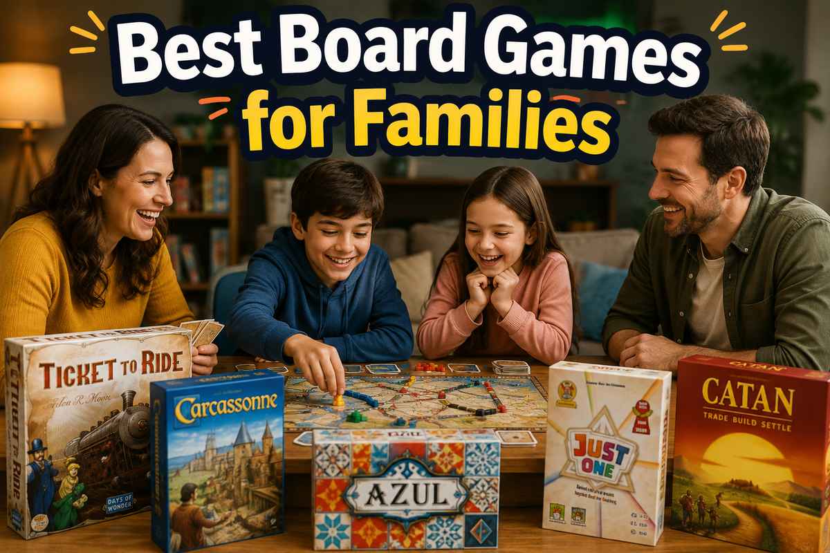 Best Board Games for Families featured image showing a smiling family playing Ticket to Ride at a table, surrounded by boxes for Carcassonne, Azul, Just One, and Catan
