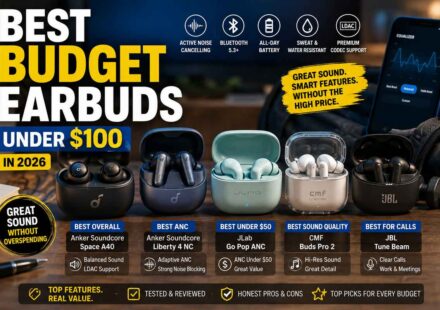 Best budget earbuds under $100 in 2026 featuring Anker Soundcore Space A40, Anker Soundcore Liberty 4 NC, JLab Go Pop ANC, CMF Buds Pro 2, and JBL Tune Beam with ANC, LDAC, and all-day battery