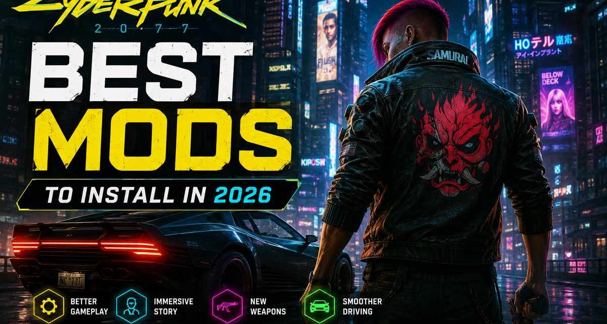 yberpunk 2077 Best Mods to Install in 2026 featured image showing V in front of Night City with mod category icons for gameplay, story, weapons, and driving