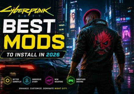 yberpunk 2077 Best Mods to Install in 2026 featured image showing V in front of Night City with mod category icons for gameplay, story, weapons, and driving