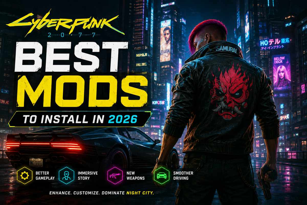 yberpunk 2077 Best Mods to Install in 2026 featured image showing V in front of Night City with mod category icons for gameplay, story, weapons, and driving