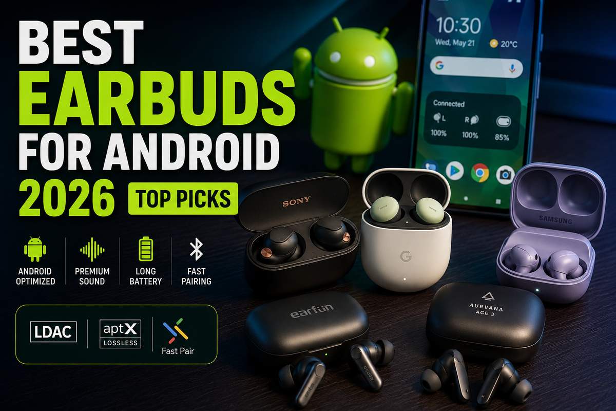 Best earbuds for Android 2026 top picks featuring Sony WF-1000XM6, Google Pixel Buds Pro 2, Samsung Galaxy Buds, EarFun Air Pro 4, and Creative Aurvana Ace 3 with LDAC, aptX Lossless, and Fast Pair support