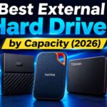 Best External Hard Drives by Capacity 2026 featured image showing five portable drives from Seagate, WD, SanDisk, Toshiba, and LaCie Rugged lined up side by side