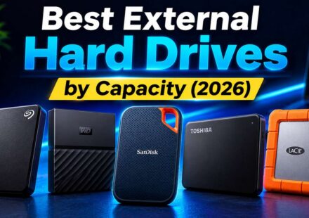 Best External Hard Drives by Capacity 2026 featured image showing five portable drives from Seagate, WD, SanDisk, Toshiba, and LaCie Rugged lined up side by side