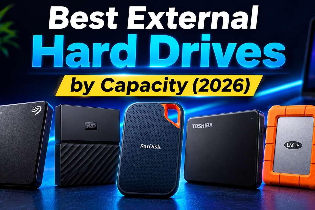 Best External Hard Drives by Capacity 2026 featured image showing five portable drives from Seagate, WD, SanDisk, Toshiba, and LaCie Rugged lined up side by side