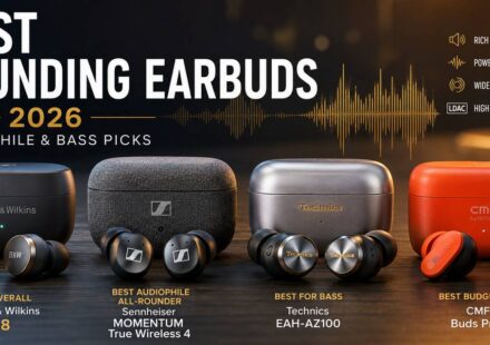 Best sounding earbuds 2026, audiophile and bass picks featuring Bowers & Wilkins Pi8, Sennheiser MOMENTUM True Wireless 4, Technics EAH-AZ100, and CMF Buds Pro 2