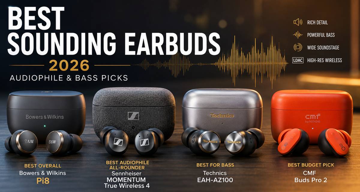 Best sounding earbuds 2026, audiophile and bass picks featuring Bowers & Wilkins Pi8, Sennheiser MOMENTUM True Wireless 4, Technics EAH-AZ100, and CMF Buds Pro 2