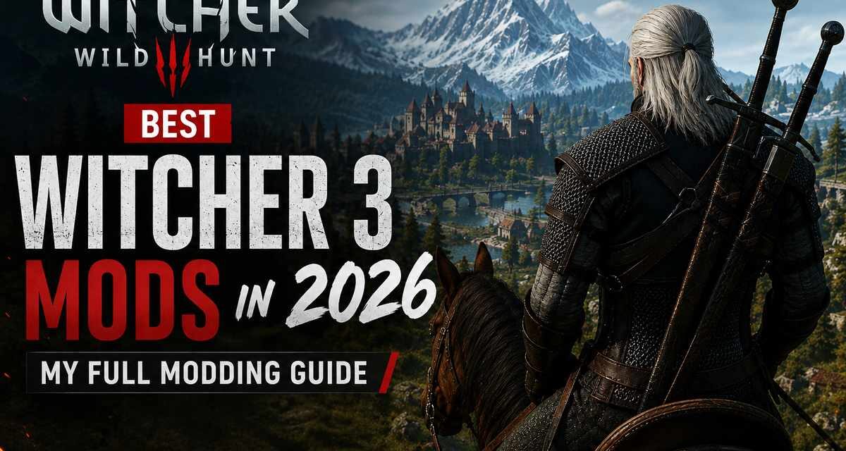 The Witcher 3: Wild Hunt cover art for Best Witcher 3 Mods in 2026 guide, showing Geralt on horseback overlooking a castle and mountains