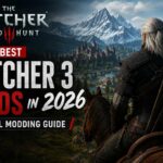 The Witcher 3: Wild Hunt cover art for Best Witcher 3 Mods in 2026 guide, showing Geralt on horseback overlooking a castle and mountains