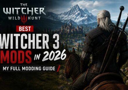 The Witcher 3: Wild Hunt cover art for Best Witcher 3 Mods in 2026 guide, showing Geralt on horseback overlooking a castle and mountains