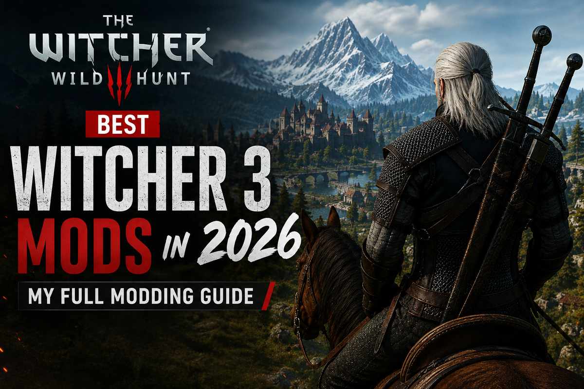 The Witcher 3: Wild Hunt cover art for Best Witcher 3 Mods in 2026 guide, showing Geralt on horseback overlooking a castle and mountains
