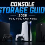 Console Storage Guide 2026 featured image showing a PS4, PS5, and Xbox Series X side by side with their respective controllers