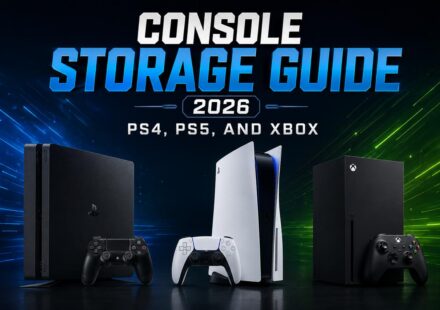 Console Storage Guide 2026 featured image showing a PS4, PS5, and Xbox Series X side by side with their respective controllers