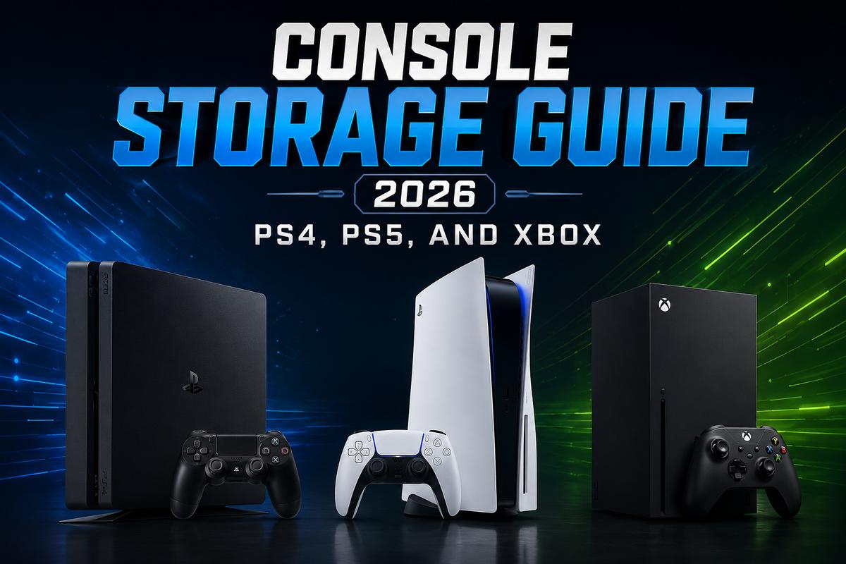 Console Storage Guide 2026 featured image showing a PS4, PS5, and Xbox Series X side by side with their respective controllers