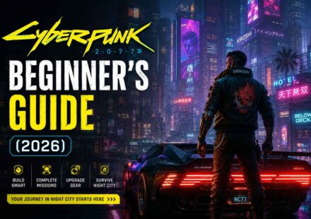 Cyberpunk 2077 Beginner's Guide 2026 featured image showing V standing beside a Quadra sports car in front of Night City's neon skyline, with icons for build smart, complete missions, upgrade gear, and survive Night City