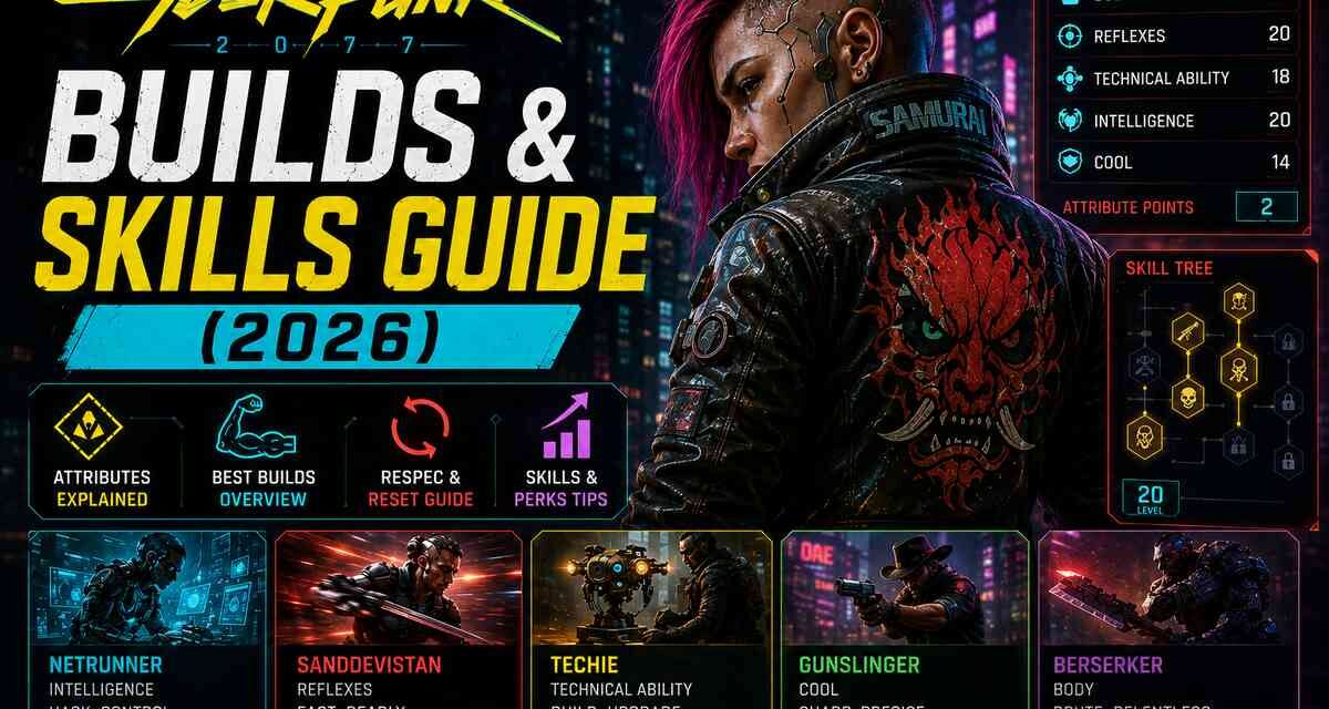 Cyberpunk 2077 Builds and Skills Guide 2026 featured image showing character attributes, skill tree, and five build archetypes including Netrunner, Sandevistan, Techie, Gunslinger, and Berserker