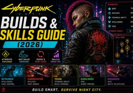 Cyberpunk 2077 Builds and Skills Guide 2026 featured image showing character attributes, skill tree, and five build archetypes including Netrunner, Sandevistan, Techie, Gunslinger, and Berserker