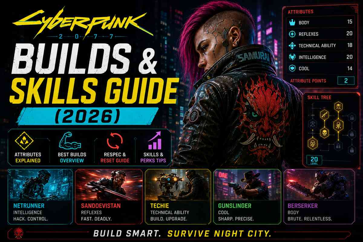 Cyberpunk 2077 Builds and Skills Guide 2026 featured image showing character attributes, skill tree, and five build archetypes including Netrunner, Sandevistan, Techie, Gunslinger, and Berserker
