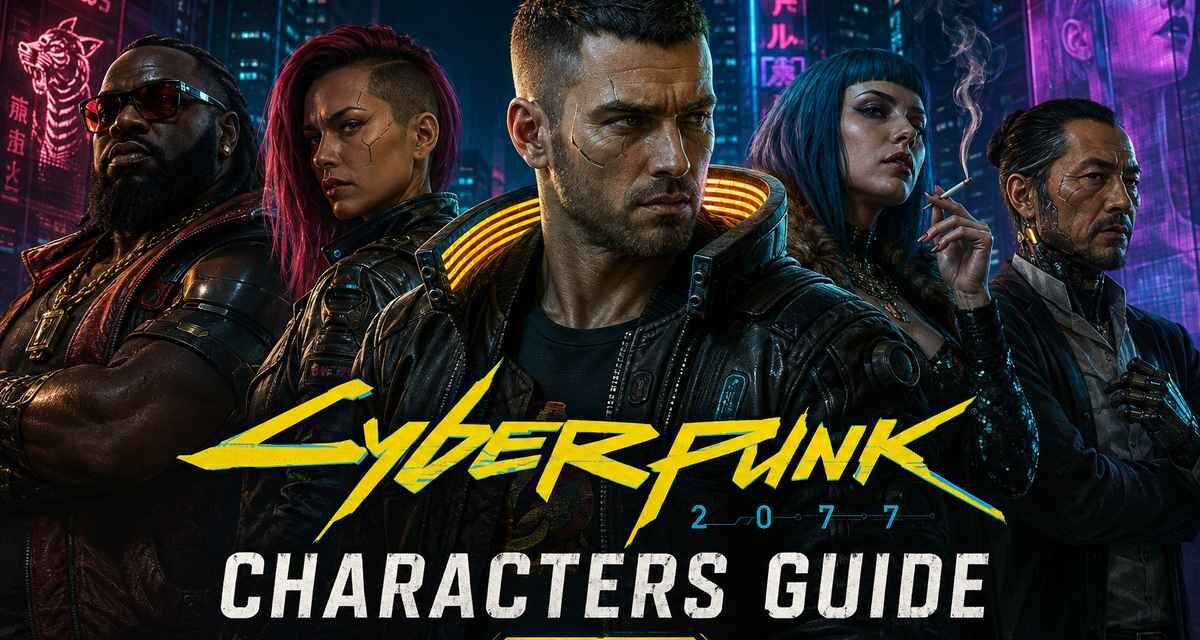 Cyberpunk 2077 Characters Guide 2026 featured image showing V flanked by Night City companions including a Tyger Claws member, a red-haired woman with facial scars, a blue-haired woman smoking a cigarette, and an older cybernetically-augmented man