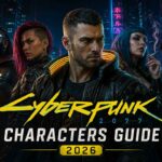 Cyberpunk 2077 Characters Guide (2026) Cyberpunk 2077 Characters Guide 2026 featured image showing V flanked by Night City companions including a Tyger Claws member, a red-haired woman with facial scars, a blue-haired woman smoking a cigarette, and an older cybernetically-augmented man