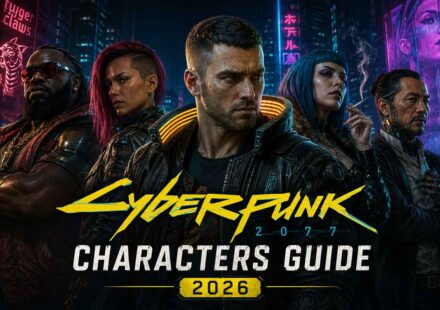 Cyberpunk 2077 Characters Guide 2026 featured image showing V flanked by Night City companions including a Tyger Claws member, a red-haired woman with facial scars, a blue-haired woman smoking a cigarette, and an older cybernetically-augmented man