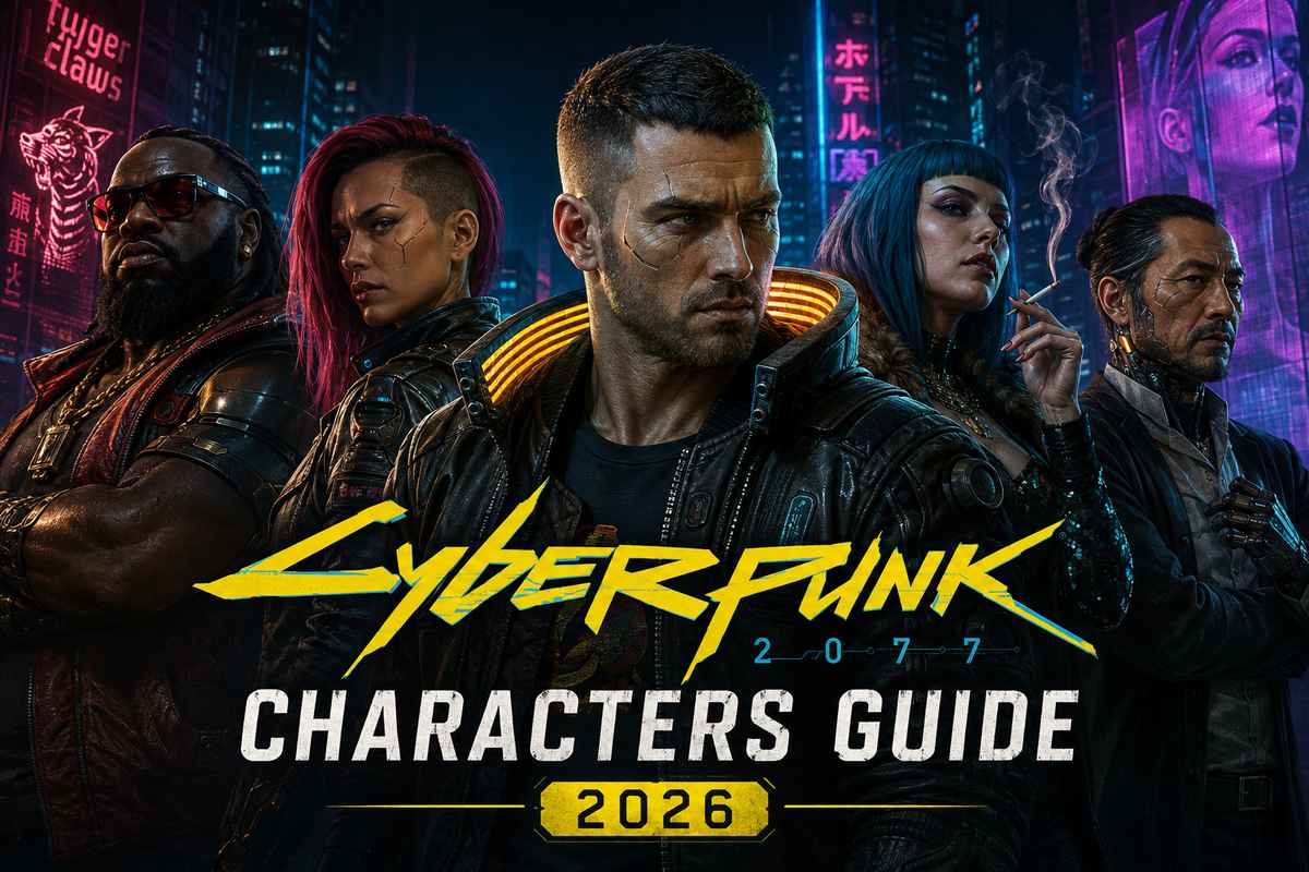 Cyberpunk 2077 Characters Guide 2026 featured image showing V flanked by Night City companions including a Tyger Claws member, a red-haired woman with facial scars, a blue-haired woman smoking a cigarette, and an older cybernetically-augmented man