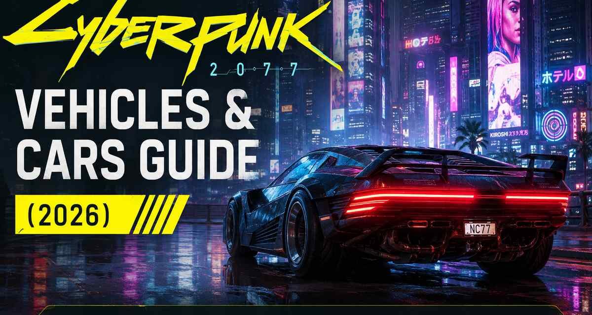 Cyberpunk 2077 Vehicles and Cars Guide 2026 featured image showing a sports car parked in front of Night City's neon skyline, with icons for fastest cars, how to get, customization, best vehicles, and buy locations