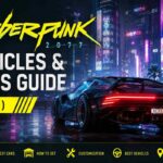 Cyberpunk 2077 Vehicles and Cars Guide 2026 featured image showing a sports car parked in front of Night City's neon skyline, with icons for fastest cars, how to get, customization, best vehicles, and buy locations