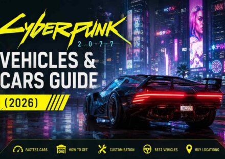 Cyberpunk 2077 Vehicles and Cars Guide 2026 featured image showing a sports car parked in front of Night City's neon skyline, with icons for fastest cars, how to get, customization, best vehicles, and buy locations