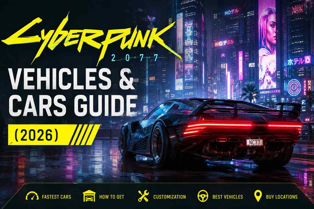 Cyberpunk 2077 Vehicles and Cars Guide 2026 featured image showing a sports car parked in front of Night City's neon skyline, with icons for fastest cars, how to get, customization, best vehicles, and buy locations