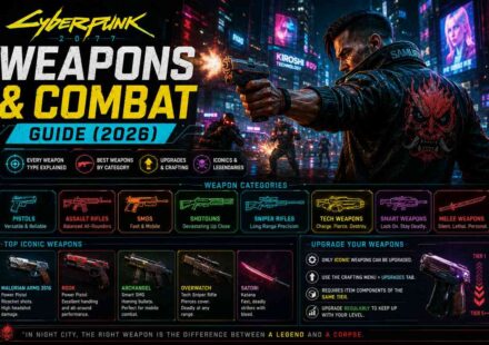 Cyberpunk 2077 Weapons and Combat Guide 2026 featured image showing weapon categories, top iconic weapons, and the weapon upgrade tier system