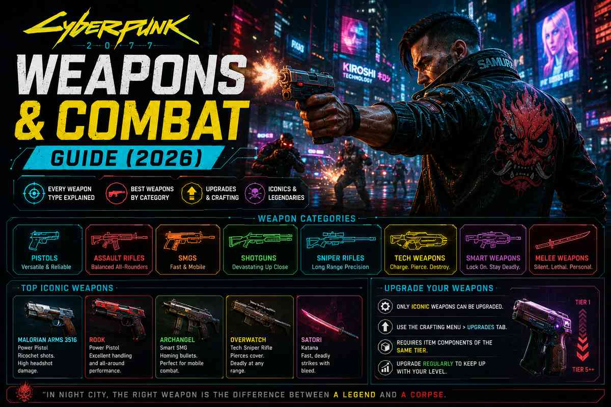 Cyberpunk 2077 Weapons and Combat Guide 2026 featured image showing weapon categories, top iconic weapons, and the weapon upgrade tier system