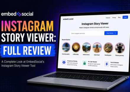 EmbedSocial Instagram Story Viewer dashboard on a laptop screen showing a username search bar, recent stories row, and anonymous viewing features