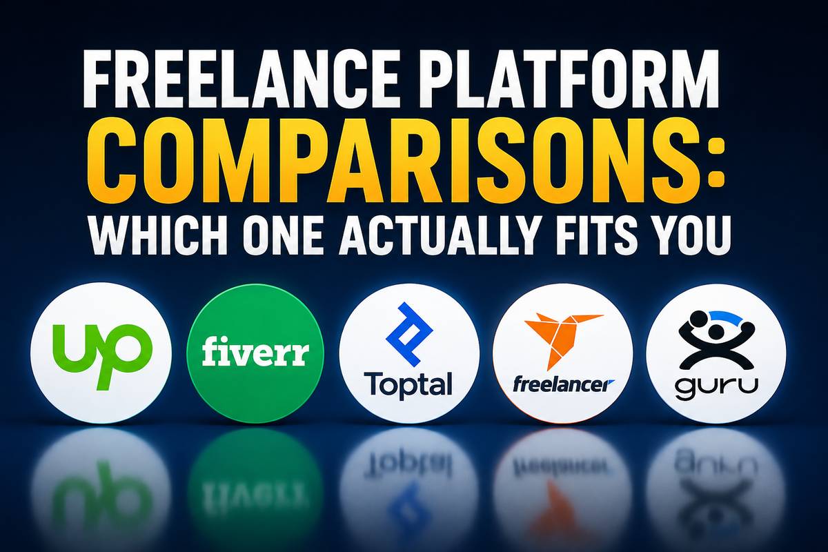 Freelance Platform Comparisons: Which One Actually Fits You featured image showing logos for Upwork, Fiverr, Toptal, Freelancer, and Guru