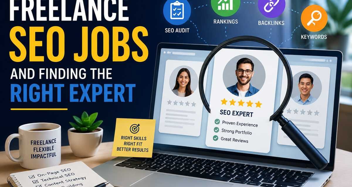 Freelance SEO Jobs and Finding the Right Expert featured image showing a laptop displaying SEO expert profiles with star ratings, surrounded by icons for SEO audit, rankings, backlinks, and keywords, next to a notebook checklist and coffee mug