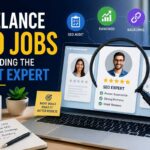 Freelance SEO Jobs and Finding the Right Expert Freelance SEO Jobs and Finding the Right Expert featured image showing a laptop displaying SEO expert profiles with star ratings, surrounded by icons for SEO audit, rankings, backlinks, and keywords, next to a notebook checklist and coffee mug