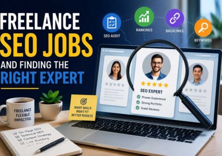 Freelance SEO Jobs and Finding the Right Expert featured image showing a laptop displaying SEO expert profiles with star ratings, surrounded by icons for SEO audit, rankings, backlinks, and keywords, next to a notebook checklist and coffee mug