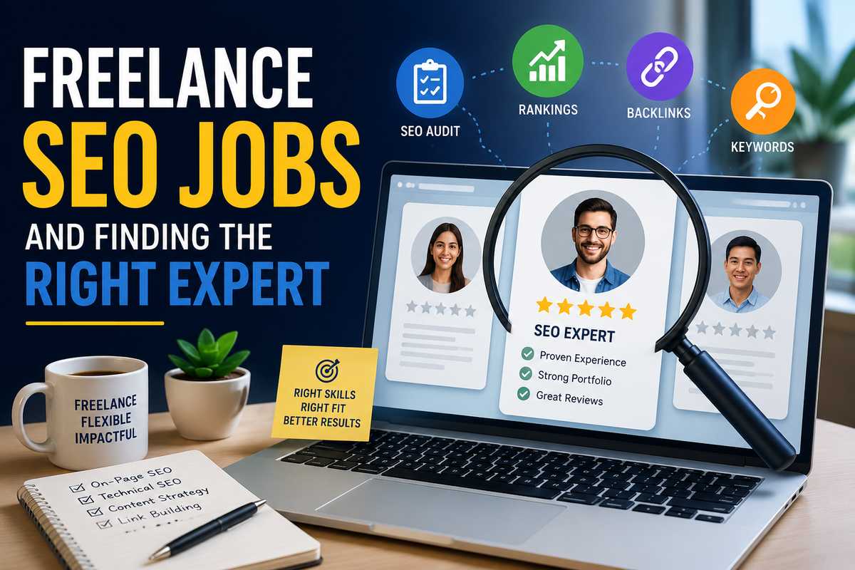 Freelance SEO Jobs and Finding the Right Expert featured image showing a laptop displaying SEO expert profiles with star ratings, surrounded by icons for SEO audit, rankings, backlinks, and keywords, next to a notebook checklist and coffee mug