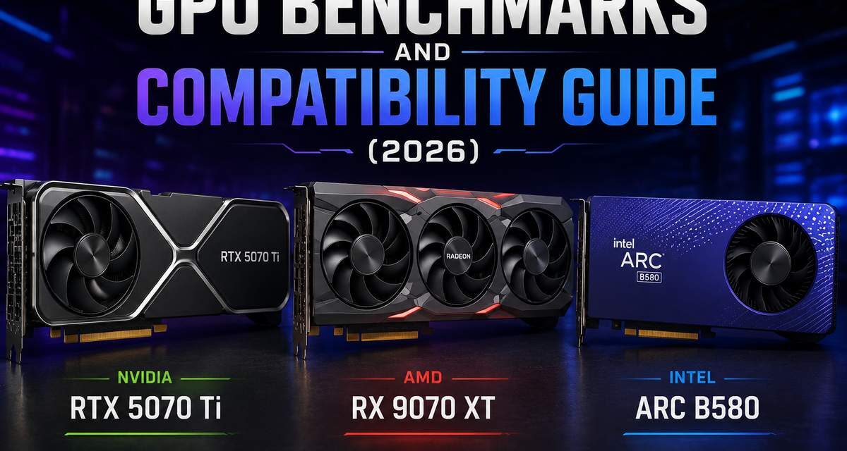 GPU Benchmarks and Compatibility Guide 2026 featured image showing three graphics cards side by side: Nvidia RTX 5070 Ti, AMD RX 9070 XT, and Intel Arc B580