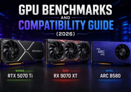GPU Benchmarks and Compatibility Guide 2026 featured image showing three graphics cards side by side: Nvidia RTX 5070 Ti, AMD RX 9070 XT, and Intel Arc B580