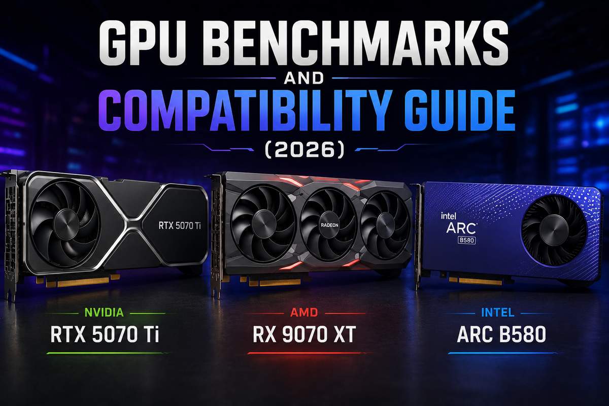 GPU Benchmarks and Compatibility Guide 2026 featured image showing three graphics cards side by side: Nvidia RTX 5070 Ti, AMD RX 9070 XT, and Intel Arc B580