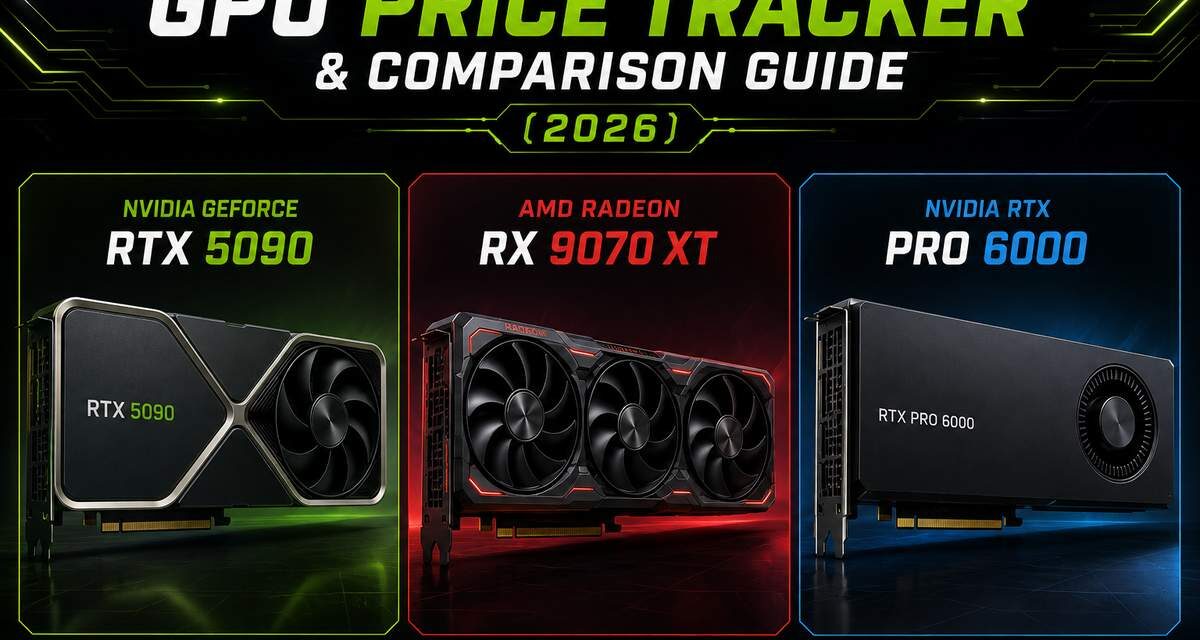 GPU Price Tracker and Comparison Guide 2026 featured image showing three graphics cards side by side: Nvidia GeForce RTX 5090, AMD Radeon RX 9070 XT, and Nvidia RTX PRO 6000